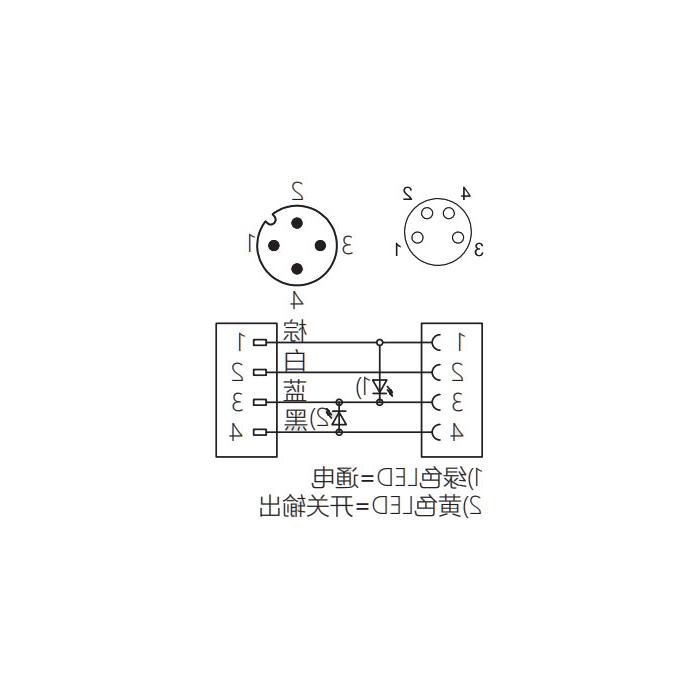 M8 to M12 4Pin, M8 female 90° with LED light to M12 male straight, double-ended precast PUR flexible cable, black sheathing, 63D301-XXX