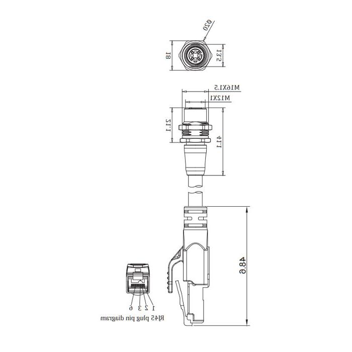 M12面板法兰母/ rj - 45公-双端预制PVC屏蔽非软电缆- EtherCat网线-绿色护套- 0C3061-XXX