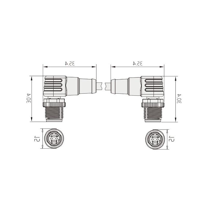 M12 4Pin D-coded、公头90°转公头90°、双端预铸PVC非柔性电缆、带屏蔽、黄色护套、0C4498-XXX